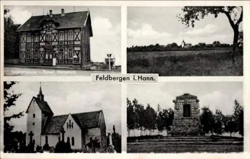 Ak Feldbergen Söhlde in Niedersachsen, Kirche, Gedenkstein, Fachwerkhaus