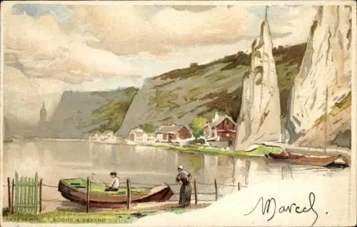 Künstler Litho Cassiens, H., Anseremme Dinant Wallonien Namur, Boot am Ufer, Blick auf den Ort