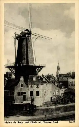 Ak Delft Südholland Niederlande, Molen de Roos, Nieuwe Kerk