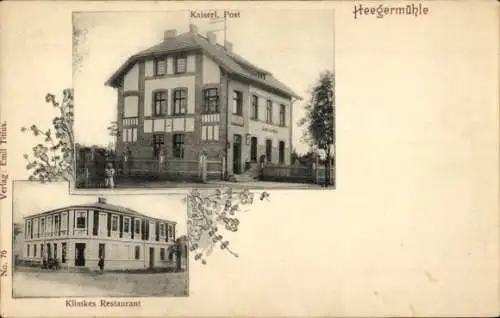 Ak Heegermühle Finow Eberswalde im Kreis Barnim, Kaiserliche Post, Klimkes Restaurant