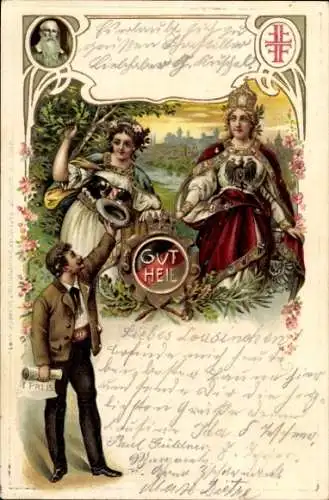 Präge Litho Turnvater Jahn, Gut Heil, Frauen, Krone, Schutzschild, Allegorien