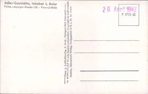 Ak Fulda, Fliegeraufnahme, Adler Gaststätte Inh. L.Baier