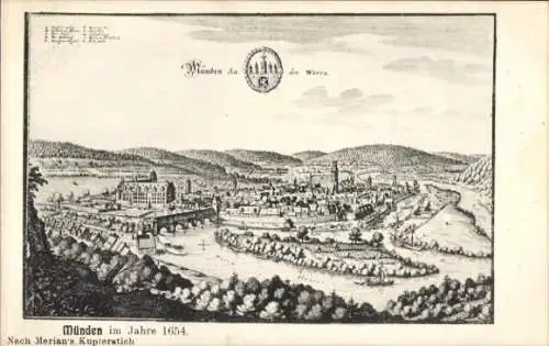 Künstler Ak Merian, Hann. Münden in Niedersachsen, Gesamtansicht, Jahr 1654