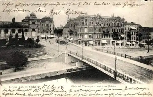 Ak Bydgoszcz Bromberg Westpreußen, Theaterplatz, neue Brücke