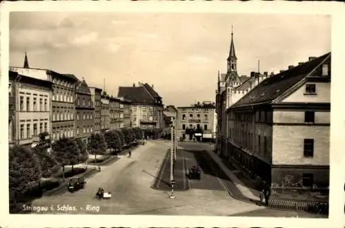 Ak Strzegom Striegau Schlesien, Ring, Straßenpartie mit Graul's Hotel, Geschäftshaus Bauschmann