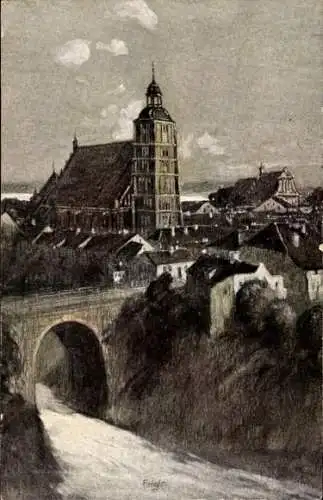 Künstler Ak Hass, Fritz, Barczewo Wartenburg Ostpreußen, Brücke, Kirche, Teilansicht der Stadt