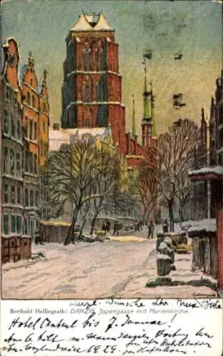 Künstler Ak Hellingrath, B., Gdańsk Danzig, Jopengasse mit Marienkirche, Winteransicht