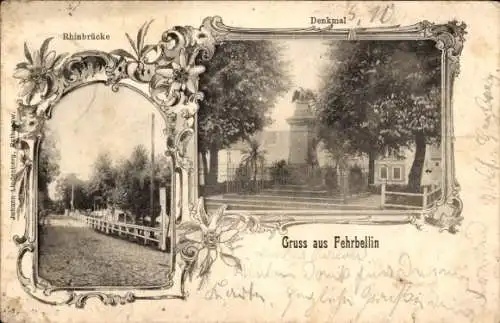 Passepartout Ak Fehrbellin in Brandenburg, Rhinbrücke, Denkmal