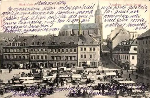 Ak Annaberg Buchholz im Erzgebirge, Marktplatz, Eisenhandlung Ferdinand Zeidler, Kirche