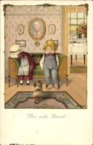 Künstler Litho Ebner, Pauli, Erster Zwist, Kinder, Hund, Streit