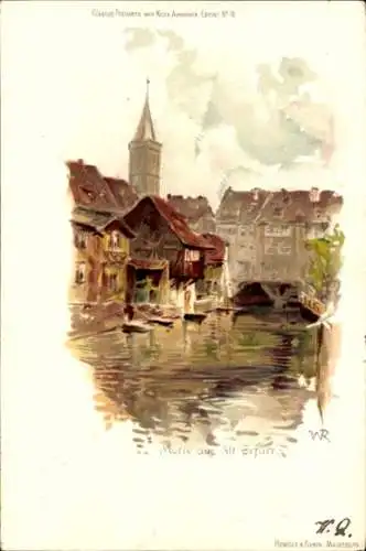 Künstler Litho Erfurt in Thüringen, Fluss, Kirchturm