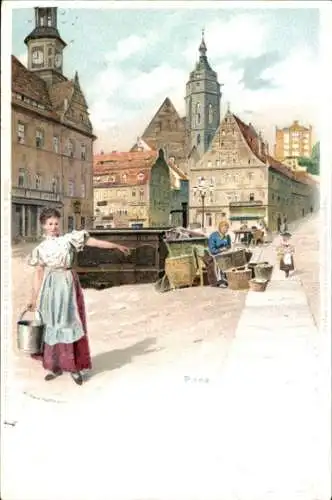 Künstler Litho Hoffmann, Richard, Pirna an der Elbe, Marktplatz, Brunnen