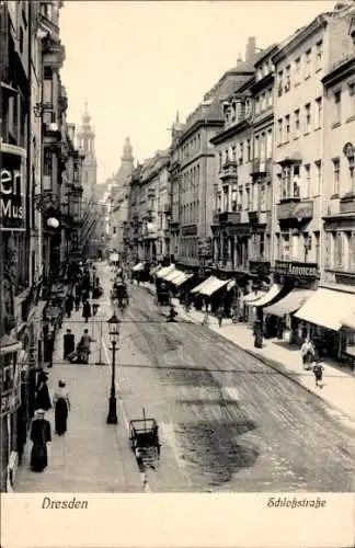 Ak Dresden Zentrum Altstadt, Schlossstraße, Kutschen, Passanten, Geschäfte