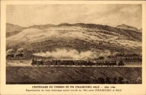 Ak Hundertjahrfeier der Straßburg-Basel-Eisenbahn 1846-1946, Reproduktion des historischen Zuges