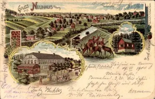 Litho Neuhaus am Rennweg Thüringen, Gasthaus Thüringer Hof, Hirsche, Gesamtansicht