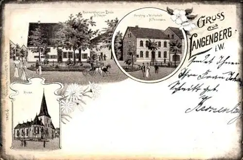 Litho Langenberg in Westfalen, Restauration zur Linde, Kirche, Wirtschaft