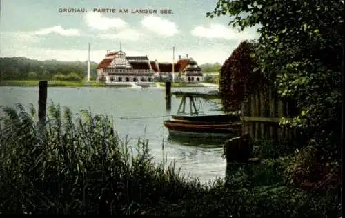 Ak Berlin Köpenick Grünau, Langer See, Bootshaus, Buhnen, Schilf, Herrenhaus