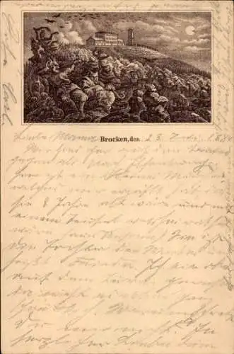 Vorläufer Mondschein Litho Brocken im Harz, Teufel, Haus auf dem Hügel, Wanderer