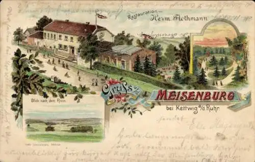 Litho Kettwig Essen im Ruhrgebiet, Meisenburg, Restauration von Herm. Flothmann