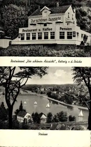 Ak Kettwig vor der Brücke Kettwig Essen im Ruhrgebiet, Restaurant Zur Schönen Aussicht, Stausee