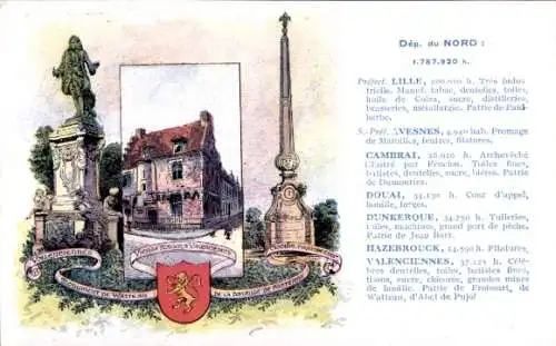 Ak Nord, Lille, Avenses, Cambrai, Douai, Dunkerque, Hazebrouck, Valenciennes, Monument, Wappen