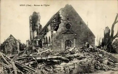 Ak Méry sur Oise Val d’Oise, Ruine, Kirche, Trümmer