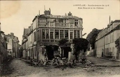 Ak Compiègne Oise, Rue Mounier et du Chateau, zerstörte Häuser, Bombardement 1918