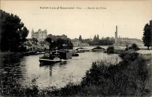 Ak Saint Leu d'Esserent Oise, Bords de l'Oise, Brücke, Schiffe