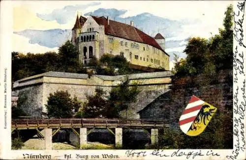 Ak Nürnberg in Mittelfranken, Kgl. Burg, Westansicht, Wappen