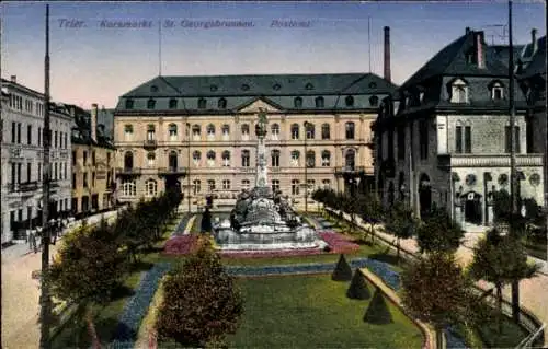 Ak Trier an der Mosel, Kornmarkt, St. Georgsbrunnen, Postamt