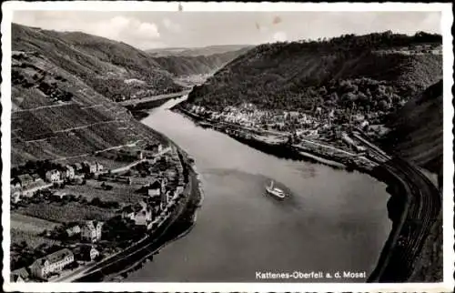 Ak Kattenes Löf an der Mosel, Oberfell, Talpanorama m. Mosel, Dampfer, Eisenbahngleise