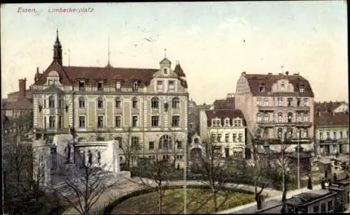 Ak Essen im Ruhrgebiet, Limbecker Platz, Denkmal, Straßenbahn
