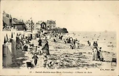 Ak Saint Aubin sur Mer Calvados, Strand, L'Heure du Bain