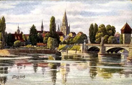 Künstler Ak Marschall, Konstanz am Bodensee, Rheinbrücke, Rheintorturm, Münster