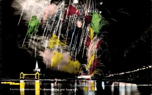 Ak Konstanz am Bodensee, Teilansicht, Festbeleuchtung, Feuerwerk