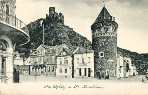 Ak St. Goarshausen am Rhein, Marktplatz, Burg, Turm