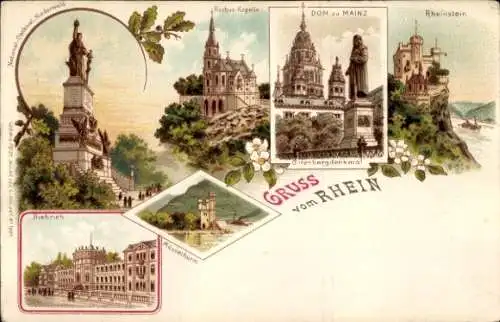 Litho Am Rhein, Dom Mainz, Gutenbergdenkmal, Rochus Kapelle, Rheinstein, Biebrich, Rheinstein