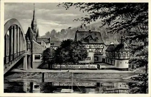 Ak Niederlahnstein Lahnstein am Rhein, Alt-Historisches Wirtshaus an der Lahn, Kirchturm, Brücke