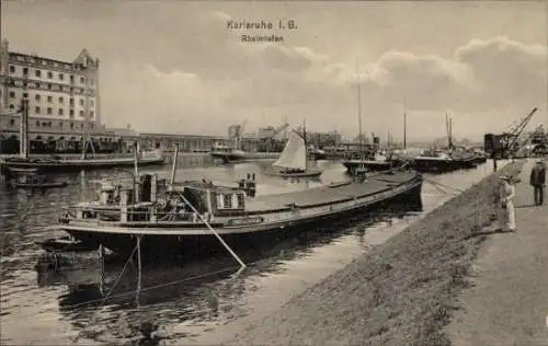 Ak Karlsruhe in Baden, Rheinhafen, Kräne, Schiffe, Promenade