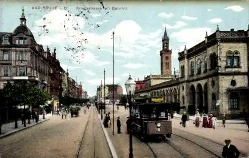 Ak Karlsruhe in Baden, Kriegsstraße, Bahnhof, Straßenbahn, Kirchturm