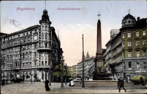 Ak Magdeburg in Sachsen Anhalt, Hasselbachplatz, Brunnen