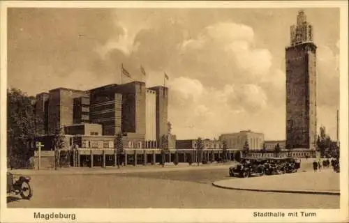 Ak Magdeburg an der Elbe, Stadthalle mit Turm