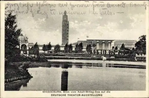 Ak Magdeburg an der Elbe, Blick vom Adolf Mittag See auf die Deutsche Theater Ausstellung