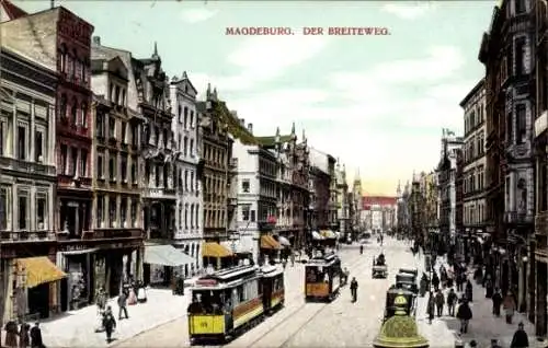 Ak Magdeburg, Breiteweg, Straßenbahnen, Geschäfte, Straßenbahn