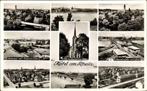 Ak Kehl am Rhein, Kirche, Brücke, Bahnhof, Friedhof, Rathausplatz