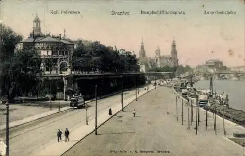 Ak Dresden Altstadt, königliches Belvedere, Dampfschifflandeplatz, Augustabrücke, Straßenbahn