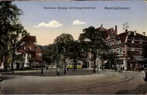 Ak Recklinghausen in im Ruhrgebiet, Halterner Straße mit Kriegerdenkmal, Straßenbahn