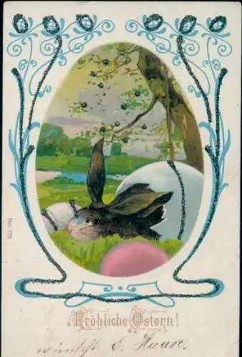 Glitzer Ak Glückwunsch Ostern, Osterhase, Ostereier