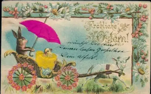 Stoff Präge Litho Glückwunsch Ostern, Karre, Osterhase, Küken, Lamm, Blumen