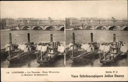 Stereo Ak London England, Themse, Waterloo Bridge, Somerset House